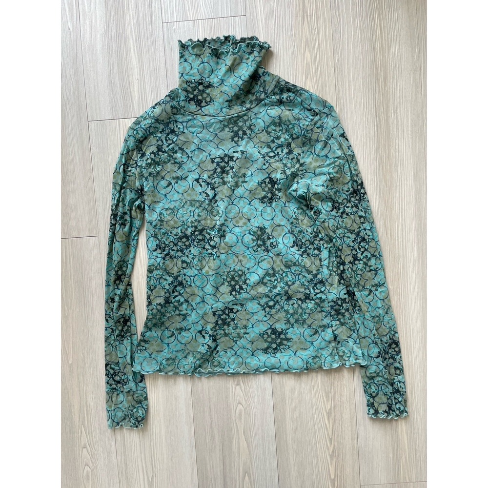 Sigrid Olsen Women's Sz S Turquoise Abstract Mesh Sheer Turtleneck Fairygrunge